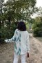 Green & Beige, Geometric Print, Melange Texture, V-Neck Long Sleeve Loose Women's Blouse - 7