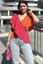 Women's Fuchsia & Orange Two-Color, Deep V-Neck, Sleeveless, Cross Block, Loose Blouse - 3