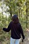 Women's Black Long Sleeve, Double Cuff, Split Collar, Loose Sweatshirt Blouse - 7