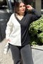 Women's White & Black Colorblock, V-Neck, Long Sleeve, Cotton Loose Blouse
