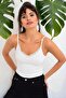 Women's Ecru V-Neck Strap Lace Detailed Regular Cut Standard Size T-shirt
