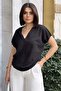 Black V-Neck, Short & Bat Sleeve, Self-Textured Fabric, Basic Fit/Cut, Loose Blouse & T-Shirt