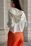 Ecru, Half Zipper, Hooded, Casual Blouse - 2