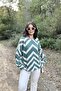Women's Khaki Round Neck, Long Sleeve, Zigzag Pattern, Loose Blouse - 3