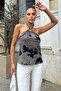 Women's Navy & Ecru Patterned, Halter Neck, Buckle Strapless, Flowy Loose Blouse - 6
