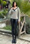 Beige Leather Contrast V-Neck Soft Sweater - 4