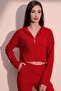 Women's Red Long Sleeve Zippered Hooded Self Patterned Crop Sweatshirt Blouse - 7