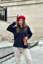 Women's Navy Soft Texture Buttoned Knitwear Sweater, Long Sleeve, Regular Cut, Standard Size - 4
