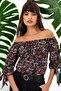 Women's Navy Blue Strapless Neckline Three Quarter Sleeve Leaf Print Sleeve Shirred Regular Cutout Blouse