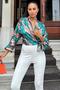 Women's Green Metallic Touch Double Breasted Collar Bow Detailed Satin Blouse - 6