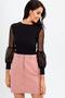 Women's Black Round Neck, Long Sleeve, Tulle Detail on Sleeves, Solid Cut, Standard Length Blouse - 6