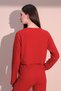 Women's Red Long Sleeve Self Textured Pocket Crop Sweatshirt, Loose Cut Blouse - 2