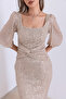 Sequin Knot Detailed Long Evening Dress - Gold - 2