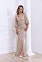 Sequin Knot Detailed Long Evening Dress - Gold - 4
