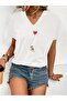 WOMEN'S OVERSIZE V-NECK T-SHIRT WITH BIRD AND HEART BALLOON PRINT