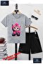 Children's Unisex “Cat Half Pink Ribbon“ Custom Printed Crew Neck T-Shirt - Shorts Set