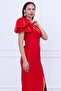 Atlas Fabric Shoulder Organza Detailed Pencil Dress - Red - 5