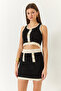 Women's Black Cream Button Detailed Strappy Mini Skirt Top and Bottom Set 20235080 - 4
