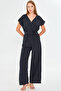 Women's Black Double Breasted Collar Back V Detailed Pocket Belted Wide Leg Jumpsuit Arm-24Y001073 - 6