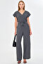 Women's Gray Double Breasted Collar Back V Detailed Pocket Belted Wide Leg Jumpsuit Arm-24Y001073 - 3