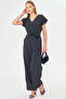 Women's Anthracite Double Breasted Collar Back V Detailed Pocket Belted Wide Leg Jumpsuit Arm-24Y001073 - 2