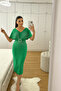 Light Green Scuba Fabric Stone-Detail Belted Evening Dress