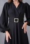 Women's Black Crepe Fabric Double Breasted Collar Balloon Sleeve Belted Cotton Detailed Midi Evening Dress 77132 - 8