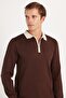 Men's Standard Fit Long Sleeve Half Zip Polo Neck Brown Sweater - 2
