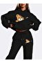 Pocket Zipper Cute Bear Printed Hooded Bottom Top Oversize Women's Black Gray Tracksuit Set