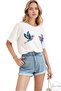 Women's White Bird Sequin Embroidered Crew Neck 100% Cotton T-Shirt - 3