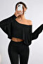 Black Women's Off Shoulder Boat Neck Oversize Long Sleeve Crop T-Shirt