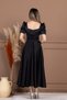 Satin Square Neck Balloon Sleeve Midi Dress - Black - 7