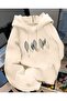Palm Leaf Printed Hooded Pocket Cotton Beige Sweatshirt