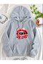 Diamond Lip Printed Hooded Pocket Cotton Gray Sweatshirt