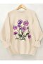 Purple Violet Printed Crew Neck Beige Sweatshirt