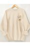 Floral Pocket Chest Printed Crew Neck Beige Sweatshirt