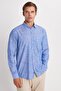 Men's Regular Fit Classic Cut Oversized Long Sleeve 100% Cotton Linen Texture Pocketed Navy Blue Striped Shirt