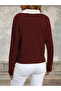 Polo Neck Knitted Patterned Women's Burgundy Knitwear Sweater - 4