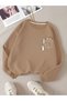 Brown Women's Colorful Cat Special Chest Printed Oversize Crew Neck
