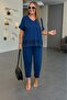 Women's Short Sleeve V-Neck Sequined Viscose Two Thread Blouse and Pants Set
