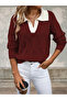 Polo Neck Knitted Patterned Women's Burgundy Knitwear Sweater