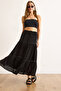 Women's Black Lace Striped Lined Maxi Skirt Etk-19000341 - 5