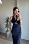 Navy Blue Buckle Window Detail Slim Denim Dress