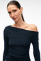 Olivienn Women's Off-The-Shoulder Asymmetrical Collar Long Sleeve Slim Fit Navy Blue Blouse - 2