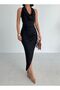 Degale Collar Halter Neck Side Lace up Drawstring Detail Open Side Slit Maxi Length Seersucker Dress - 3
