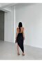 Degale Collar Halter Neck Side Lace up Drawstring Detail Open Side Slit Maxi Length Seersucker Dress - 5