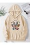 Floral Paw Printed Hooded Pocket Cotton Beige Sweatshirt