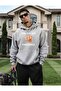 Fingered Printed Hooded Pocket Cotton Gray Sweatshirt