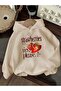 Strawberries Printed Hooded Pocket Cotton Beige Sweatshirt