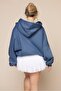 Women's Dark Blue Hooded Lace-Up Sweatshirt with Zipper 3 Thread Ş Fleece-Lined O Oversized Cut - 7